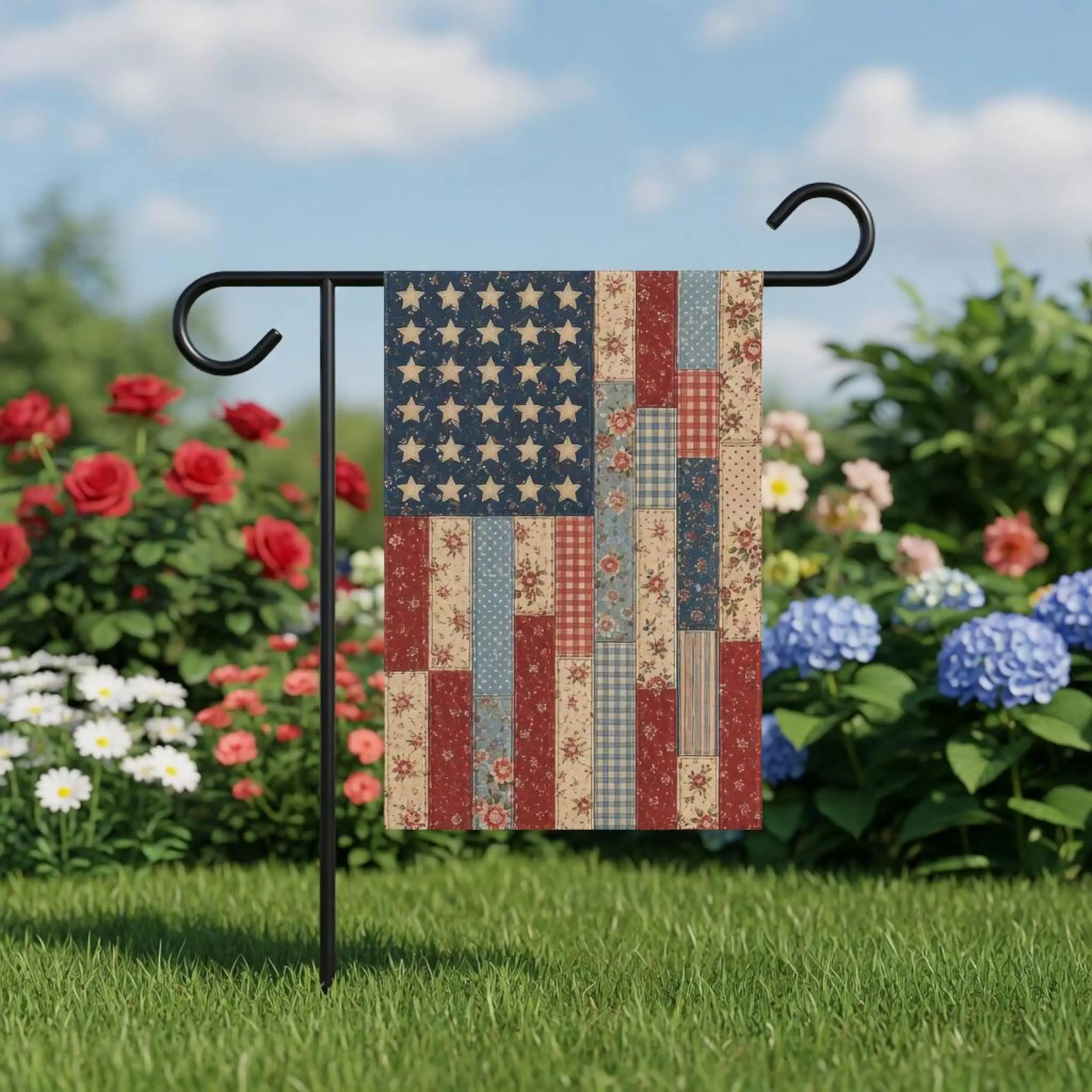 PRINT - Patchwork American Flag Rustic Americana Garden Flags Decor, Primitive Patriotic Cottage 4th of July Garden & House Banner, Perfect Decor for Any Occasion