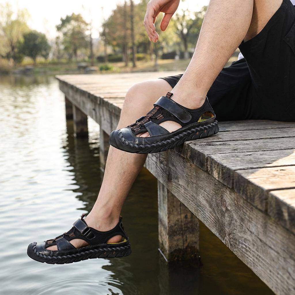 GREKS Men's Outdoor Sandals - Adjustable Strap, Toe Protection, Mesh Upper, Brown & Black, Summer Comfort Breathable Shoes