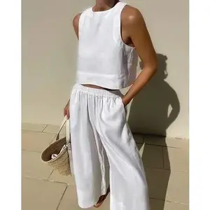 Cotton Linen Sleeveless Two-Piece Set Vest Wide-Leg Pants Outfit Summer Outfits