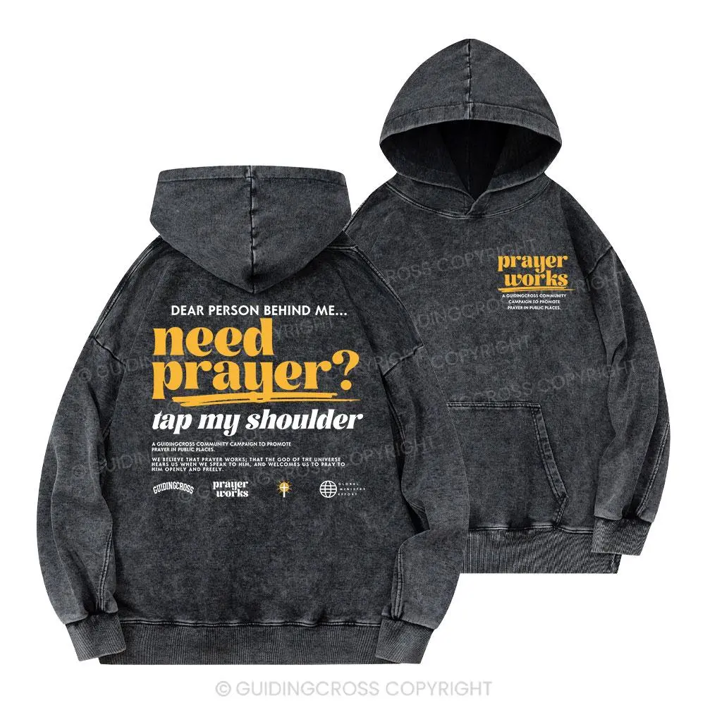 Women's Christian Cotton Oversized Long-Sleeve Hooded Top - Washed Finish, "Need Prayer Tap My Shoulder" Graphic Sweatshirt