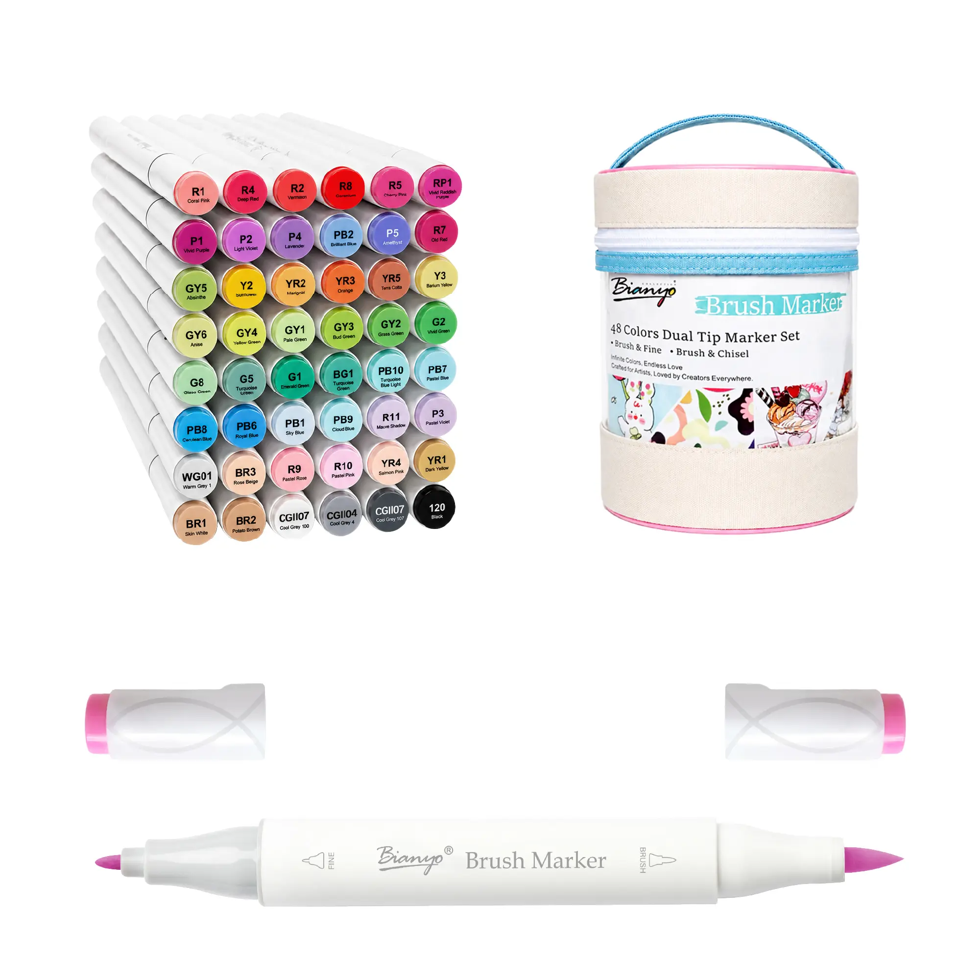 Bianyo 48-Color Dual-Tip Alcohol Markers Set - Brush & Fine Tips, 48-Color Selection, for Adult Coloring, DIY Crafts, Illustration, Blending & Creative Art