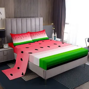 Feelyou Tropical Fruit Bedding Set - Watermelon Print, Pineapple Stripe Pattern, Breathable Red Green Durable Sheets, Luxury Home Textiles, Breathable Durable Sheets