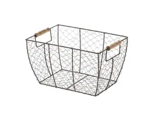 Metal Wire Organizer Basket – Decorative Brown Storage Bin for Home or Kitchen Wooden