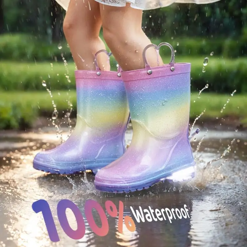 Funspread Girls Rain Boots-Glitter Light Up Kids with Easy-On Handles Lightweight Waterproof and Non-Slip Rain Boots to Keep Your Feet Dry springtok M