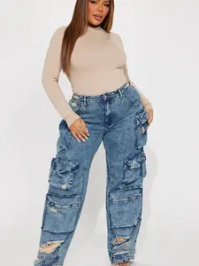 Nikki Non Stretch Acid Wash Cargo Jeans - Medium Wash