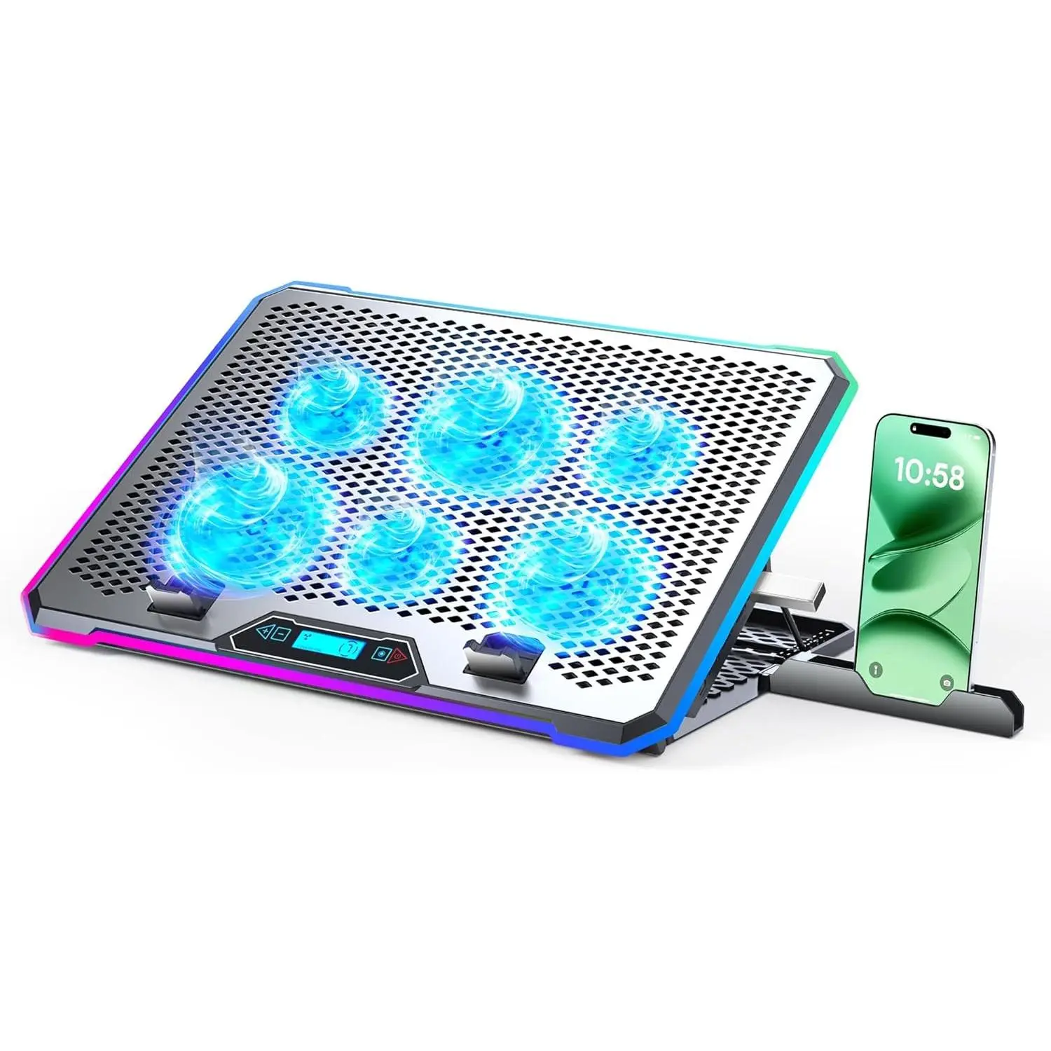 KYOLLY Aluminum Alloy RGB Gaming Laptop Cooler with 6 Fans and LCD Screen - 10 RGB Modes Memory Function, 4 USB Ports 3.0 and 2.0 Hub, 9 Height Adjustable for 10 to 21 Inch Laptops on Desk or Lap