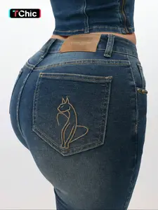 Women's New Denim Mid-Thigh Fitted Jean Pants, Fashionable High Elasticity Comfort Wash Embroidery Craft, Casual Style All Seasons