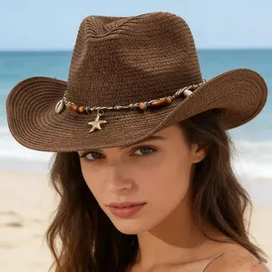 Straw Cowboy Hat for Women and Men, Starfish, Conch Shell, and Seashell Pattern, Western Style Panama Jazz Hat, Summer Travel Accessory