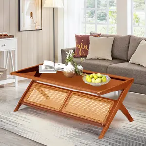 Rattan Coffee Table Bamboo Boho Mid Century Modern Accent with Removable Tempered Glass Tea Nightstand or End Unit in Tatami Style Design Storage