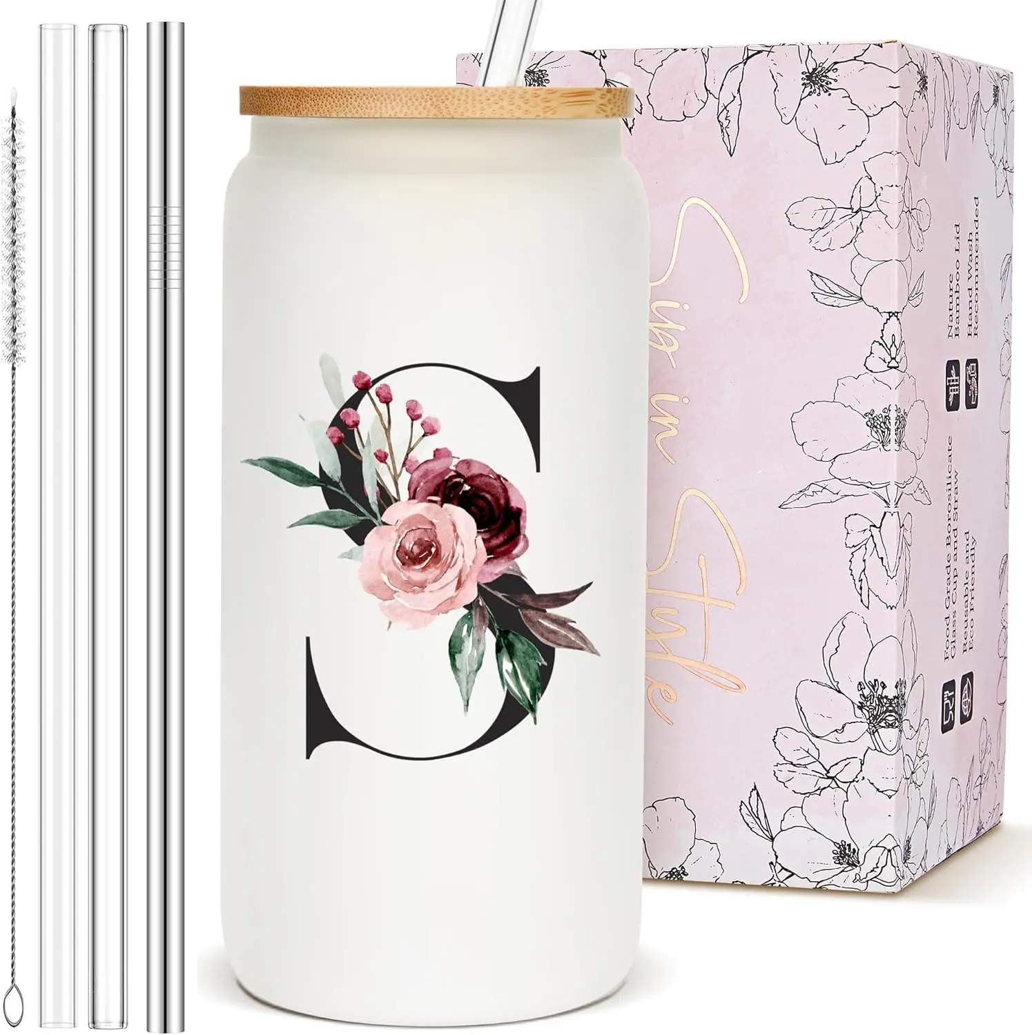 Customized Personalized Gifts for Women, Cute Initial Glass Cups with Lids and Straws, Letter Iced Coffee Cup, Monogram Drinking Glasses Tumbler Mug, Mothers Day Gifts for Mom Wife Nana Aunt Niece, S
