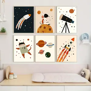 6pcs Set Outer Space Adventure Nursery Canvas Poster Print - Astronaut Rocket Cute Wall Art for Youngsters Boy Bedroom Decor, Playroom, Apartment, Modern Home Decoration, Canvas Prints, Frameless