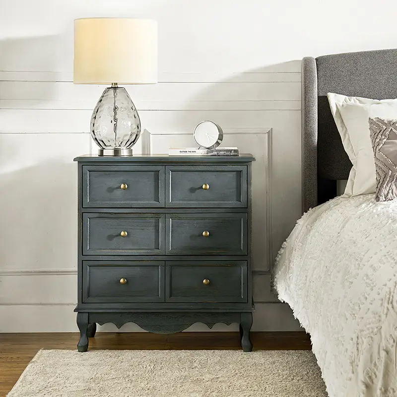 Hulala Galatea 30'' Tall Nightstand 3-Drawer Farmhouse Cabinet with Built-in Power Strip, Faux Six-Drawer, Solid Wood Legs & Adjustable Feet