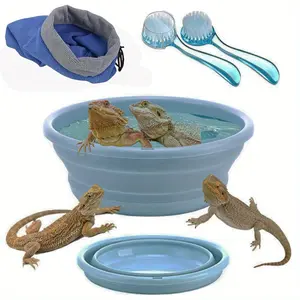 Reptile Grooming Kit with Foldable Bathtub, Super Absorbent Bath Towel & Soft Brushes - Multipurpose Bathing Accessories for Bearded Dragons, Small Mammals, and Minor Pets - Durable PP Material, Ideal for Pet Hygiene & Care