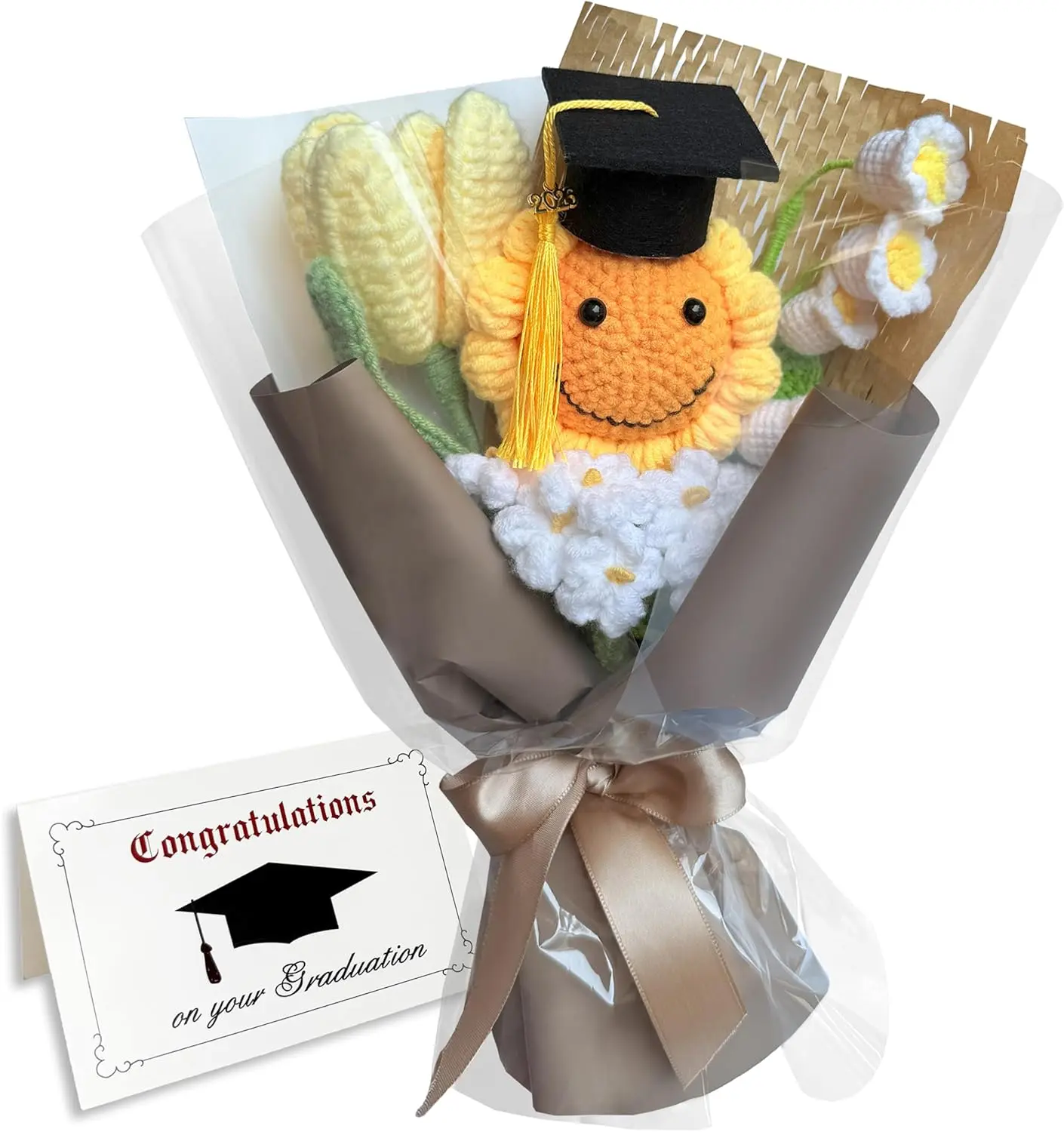 2026 Graduation Gifts Sunflower Crochet Flowers Bouquet with Greeting Cards Handmade Knitted Artificial Flowers Home Decor