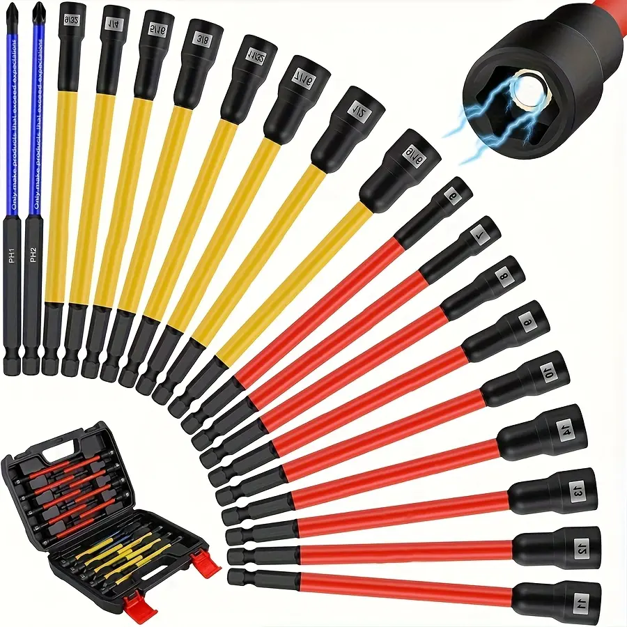 19Pcs Long Magnetic Nut Driver Set for Impact Drill | 6 Inch Long Nut Driver Set 、 SAE and Metric 、1/4 Inch Hex Shank 、 Cr-V Steel (16PCS Magnetic Nut Driver Long Heavy Duty Tool High Quality Hardware Hand Tools