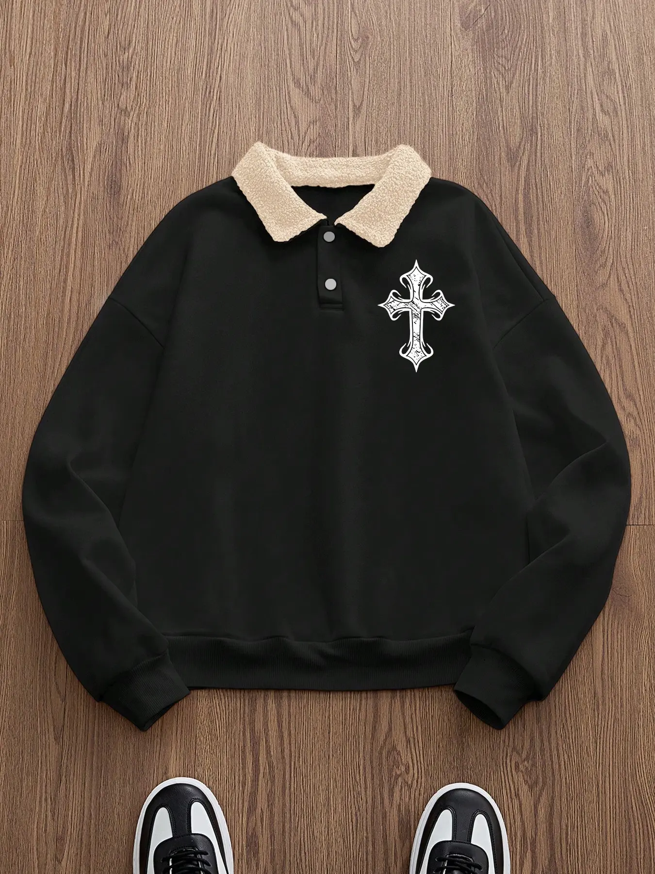 トップス Embroidery Polo Sweatshirt Trendy Retro Lamb Wool Collar Sweatshirt, Cross Print Polo Shirt