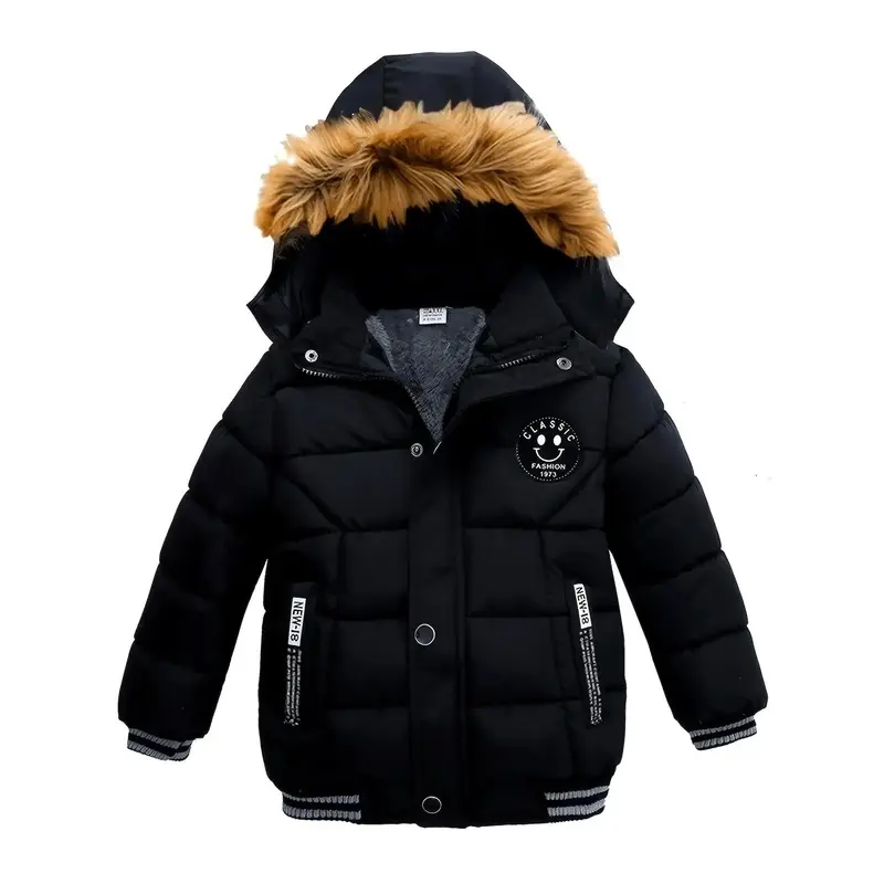 Boys' Polyester Heavy-Duty Long Sleeve Regular Fit Winter Hooded Windproof Coat - Warm Black Outerwear for Toddlers (1-6 Years), Easy-Zip Closure, Alphabet Letters & Characters Fashion Wear, Birthday Gift