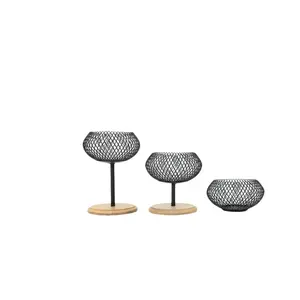 Black Metal Lantern Tealight Candlestick Set - Bamboo & Steel, Rustic, Minimalist, Industrial, Lightweight Decorative Holders for Table Centerpieces, Home Decor, Mother's Day Gift
