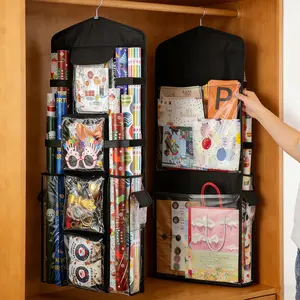 Christmas Wrapping Paper Organizer, Hanging Double-Sided Gift Bag & Wrapping Paper Storage Holder - Black