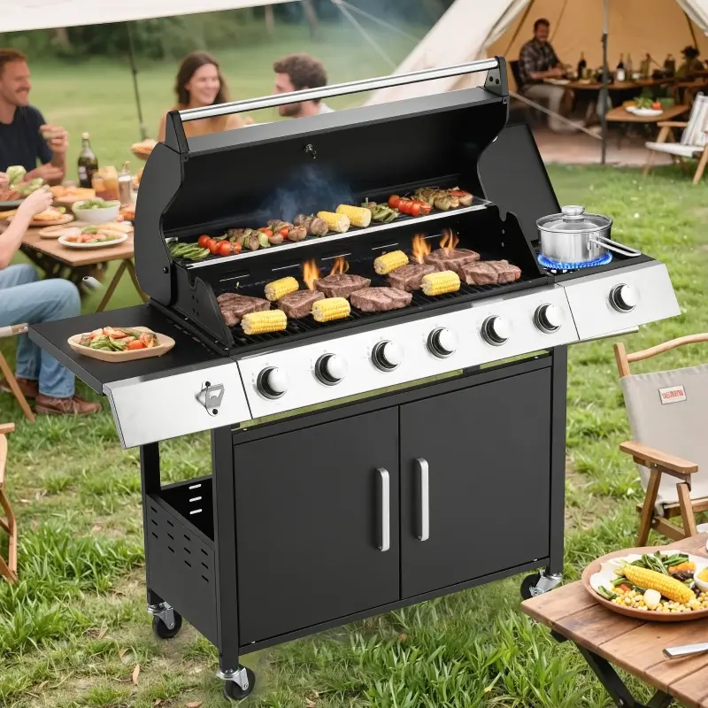 6-Burner Outdoor Propane Gas Grill - Side Burner + Easy-to-Control Knobs + Efficient Heating, Perfect for Backyard Barbeques & Camping Trips