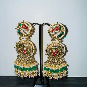 Statement Earrings - Gold Tone with Green and Red Stones & Pearl Accents - Perfect for Special Occasions