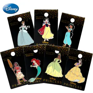 1PC Disney Princess Pin Officially Licensed Gorgeous Gown Dress Gold-foil Belle Jasmine Ariel Snow White Tiana Cinderella Moana Anime Brooch Backpack Decoration Jacket Lapel Anti-Rust Exquisite Alloy Enamel Gift