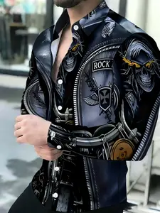 Men's Breathable Rocker Skull Biker Jacket Print Long Sleeve Lapel Button-Up Shirt