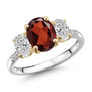 Gem Stone King 925 Silver and 10K Yellow Gold Red Garnet and DEF Lab Grown Diamond Engagement Ring For Women | 3.19 Cttw | Oval 9X7MM | January Birthstone