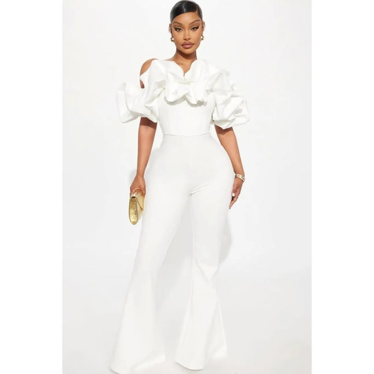 Women's Off Shoulder Jumpsuit with Ruffle Detail in Stretch Rayon, Wide-Leg Evening Wear, Available in Plus Sizes