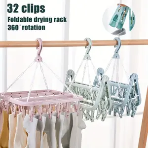 1PC Folding Clothes Hanger with Clips Multi functional Windproof and Sunscreen Clothes Hanger Folding Clothes Hanger Household Plastic Clothes Hanger 32 Clips