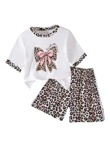 Girls' Leopard Print Set, Bowknot Printed Round Neck Short Sleeve Top, Elastic Waist Leopard Shorts, Casual Comfortable