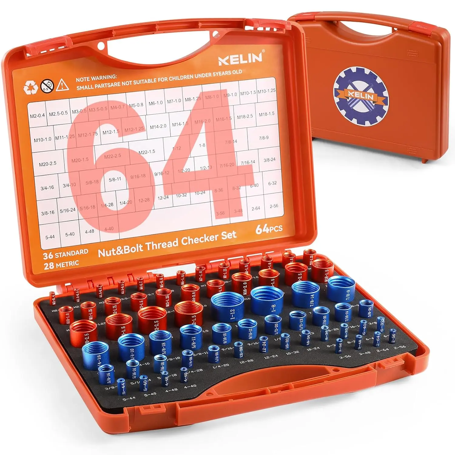64PCS Nut & Bolt Thread Checker, 30 SAE & 34 Metric Thread Gauge Size Finder