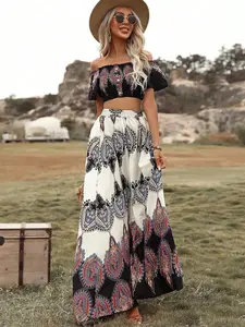 Women Two Piece Patchwork Print Crop Top Skirt Set Boho Ethnic Casual Top Long Skirt Daily Holiday Vacation Summer