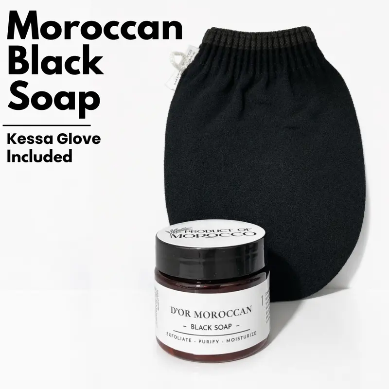 Moroccan Black Soap Kessa Glove Included (150g) Removes Dead Skin Cells & Toxins Nourishing Olive and Argan oil soap Exfoliating Cleanser Skincare