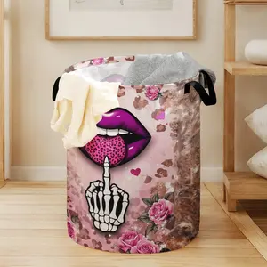 Valentine's Day Skull Lip Print Laundry Basket with Handle, Durable Halloween Foldable Dirty Clothes Storage Bin, Large Capacity Toy Organizer