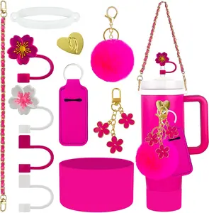 11 count Accessories for  Cup, Water Bottle Handle Strap for  30/40 oz tumbler with handle, including Straw Toppers,  Cup Boot,  Charms - ROSE