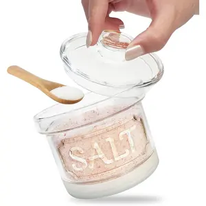 Glass Salt Cellar with Lid and Spoon for Countertop, Embossed Pattern 12oz Salt Box for Storing Sea Salt Flaky Salt Spice, Dishwasher Safe