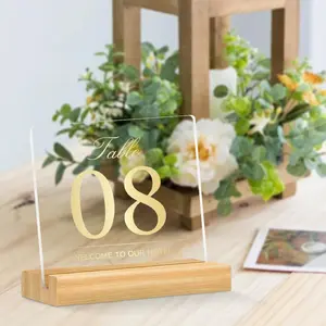 Acrylic Wedding Table Number with Wooden Base, 8 Pairs/set Flower & Letter Pattern Table Number, Wedding Decoration Supplies for Home Party, Signs