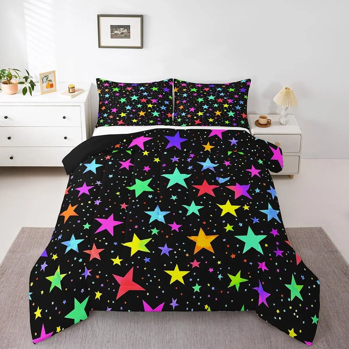 Feelyou Glow Dark Duvet Set - Cute Bedding Sets with Starry Sky Glitter Star, Rainbow Psychedelic Space Cosmos Design, Breathable Neon Light Microfiber Lightweight Bedding, Multi-Size for Camping Use