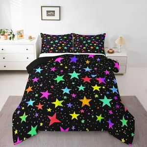 Kawaii Glitter Stars Comforter,Rainbow Glowing Star Bedding Psychedelic Space Cosmos Bedding Set,& Collections Colorful Neon Light Star Down Comforter