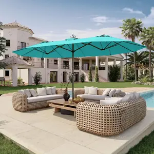 [Solar Powered]15ft/13ft Double-Sided Patio Umbrella with Solar LED Lights, 48 Light Beads & 10H Running Time, 99.9% UV Resistant Large Market Umbrella with Included Base for Backyard, Poolside, Garden
