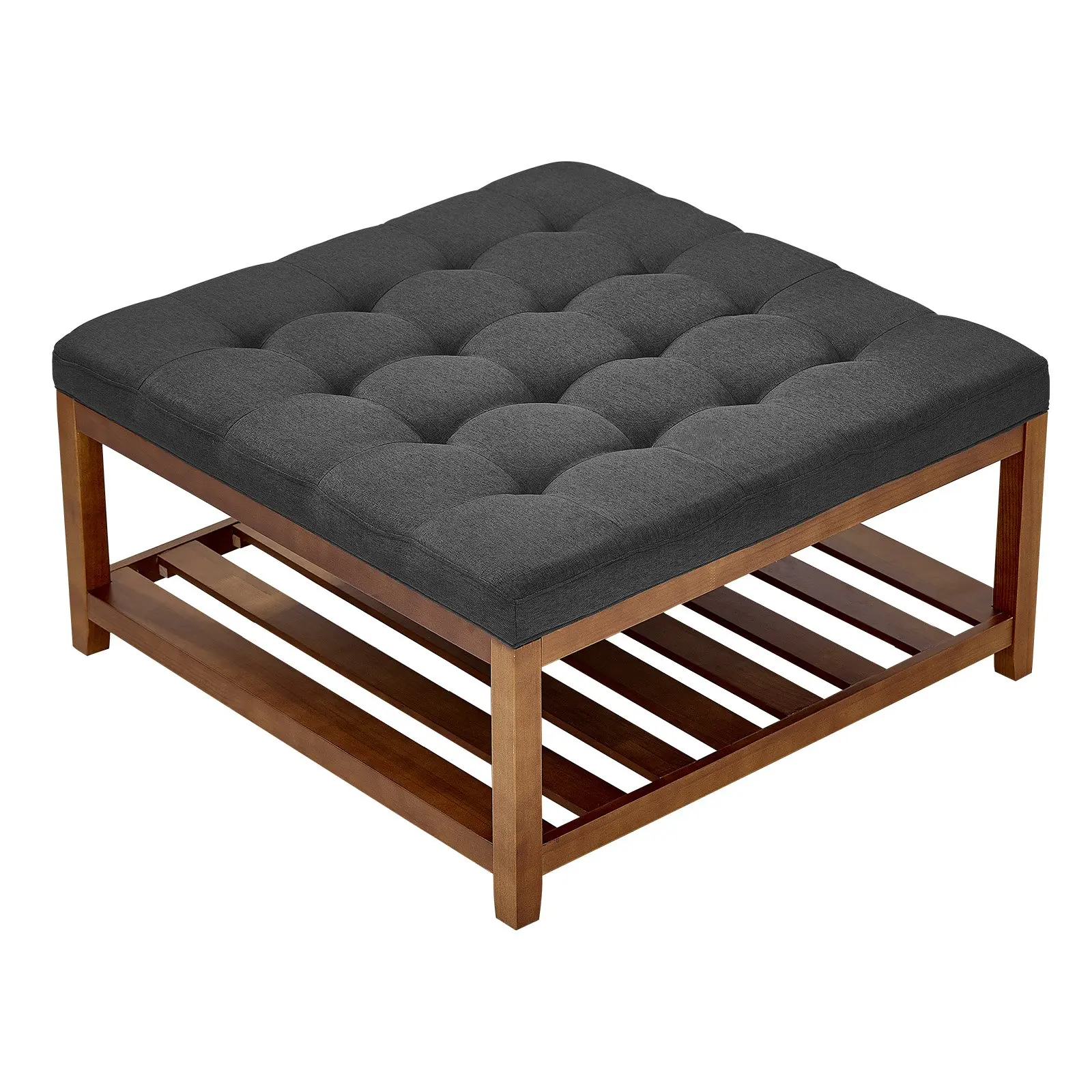 VEVOR Large Square Ottoman Coffee Table, 34.5 in Tufted Modern Coffee Table with Solid Wood Storage Shelf, Linen-Upholstered Footrest for Living Room, Study, Entryway, 400 LBS Capacity, Dark Gray, Coffee Tables