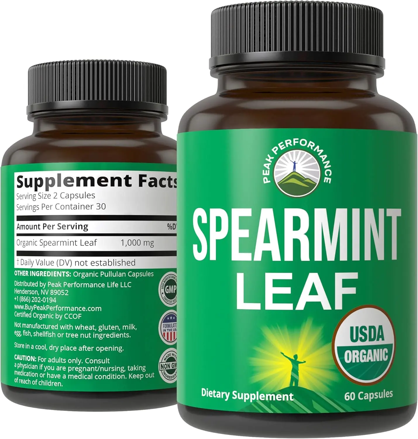 Peak Performance USDA Organic Spearmint Leaf Capsules - Vegan Herbal Supplement for Digestive Support, USA-Tested for Women and Men