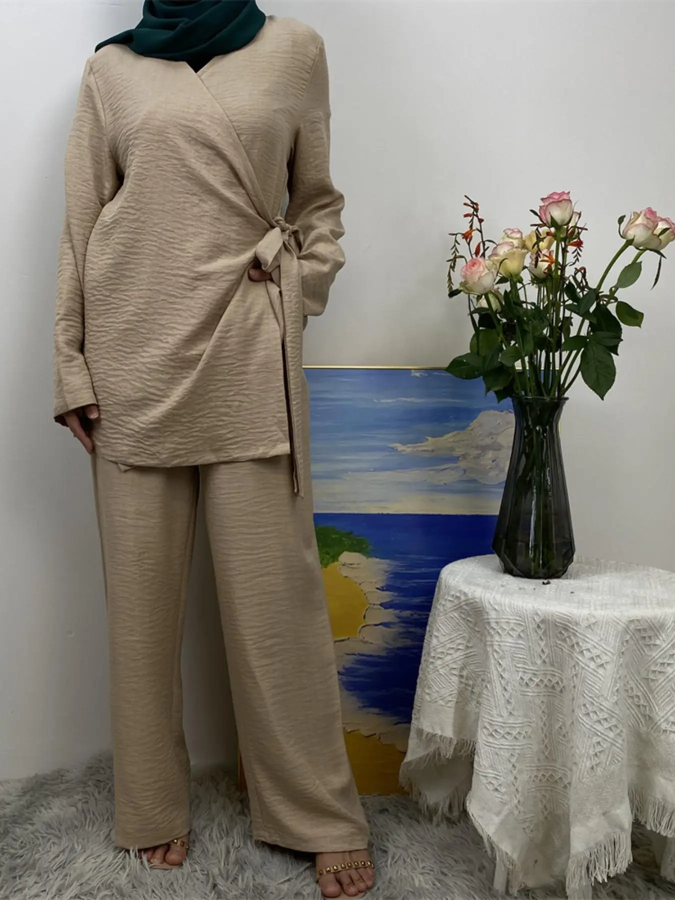 Women's Solid Color Long Sleeve Outerwear & Wide Leg Pants Set, Casual Modest Two-piece Outfits for Daily Wear, Ladies Islamic Clothing for All Season