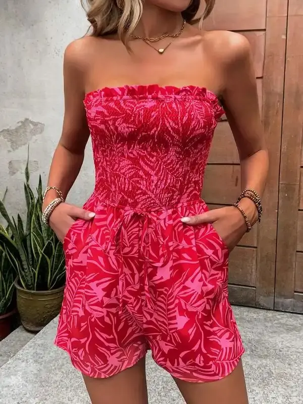 Women's Print Frill Trim Shirred Tube Romper, Playsuits for Women, Boho Knot Detail Pocket Sleeveless Romper, Trim Romper, Clothes for Beach Holiday Vacation