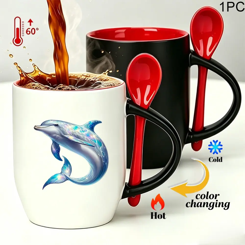 Beautiful Dolphin Magic Color Changing Mug with Spoon, Heat Activated Coffee Cup, Unique Gift for Ocean & Dolphin Lovers, Drinkware