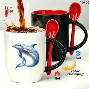 Beautiful Dolphin Magic Color Changing Mug with Spoon, Heat Activated Coffee Cup, Unique Gift for Ocean & Dolphin Lovers, Drinkware