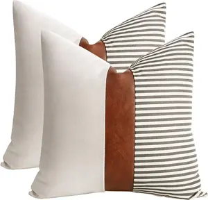 Set of 2 Farmhouse Decor Stripe Patchwork Linen Throw Pillow Covers,Modern Tan Faux Leather Accent Pillow Covers 18x18 inch,Gray
