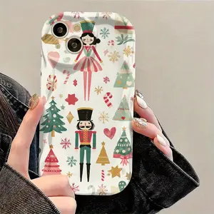 Phone Case: Christmas Nutcracker Branch Snowflake Pattern Pure White Curly Wave Border Phone Case, Suitable for iPhone 16/15/14/13/12/11/8/7 Pro/Pro Max/Plus/X/XS/XR/XS MAX, Lens Protection, Protective Phone Cover, Gift