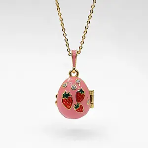 Surprise Butterfly Locket Necklace, Pink Enamel Cherry Egg Pendant, Openable Jewelry with Secret Charm, Gold Tone Cottagecore Aesthetic, Unique Gift for Her
